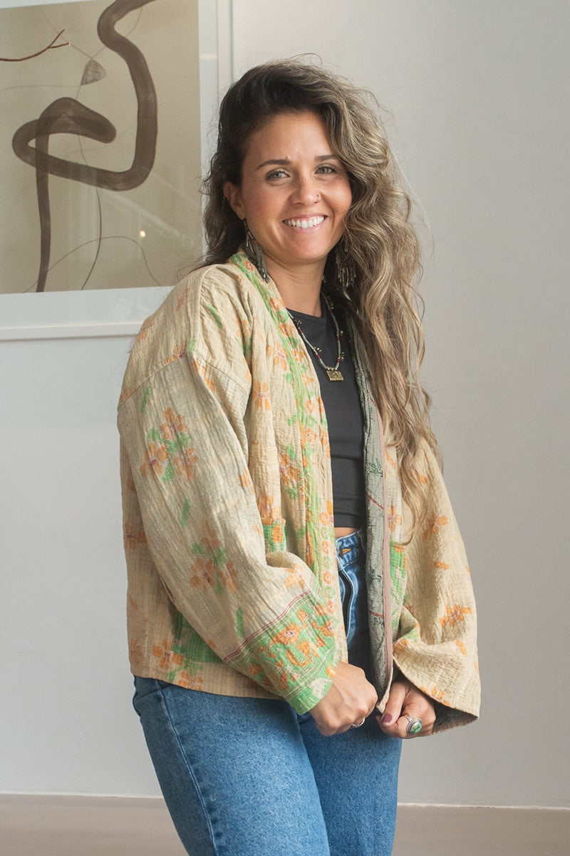 Womens Vintage Nomad Kantha Classic Jacket handmade from 100% cotton recycled fabrics in Neutral Zenda