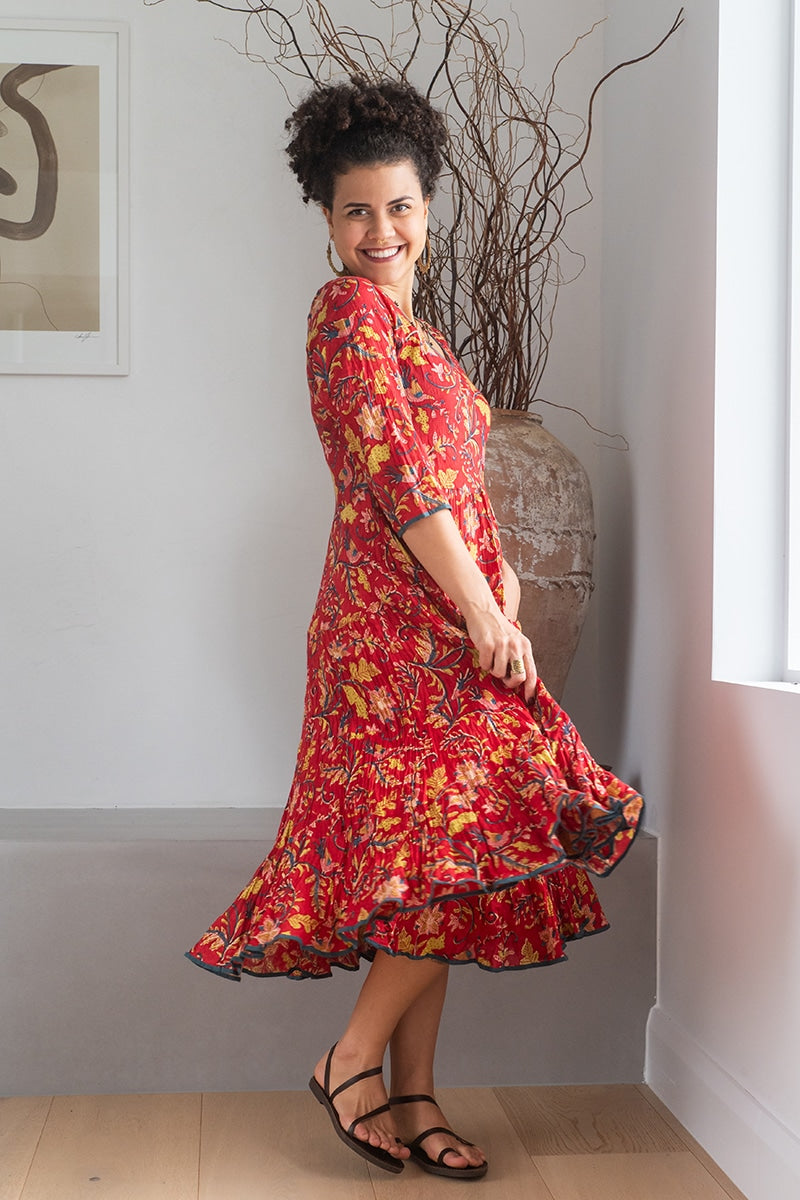 Womens, midi, Flamenco Dress, 100% Cotton, hand block print. Red Jasper