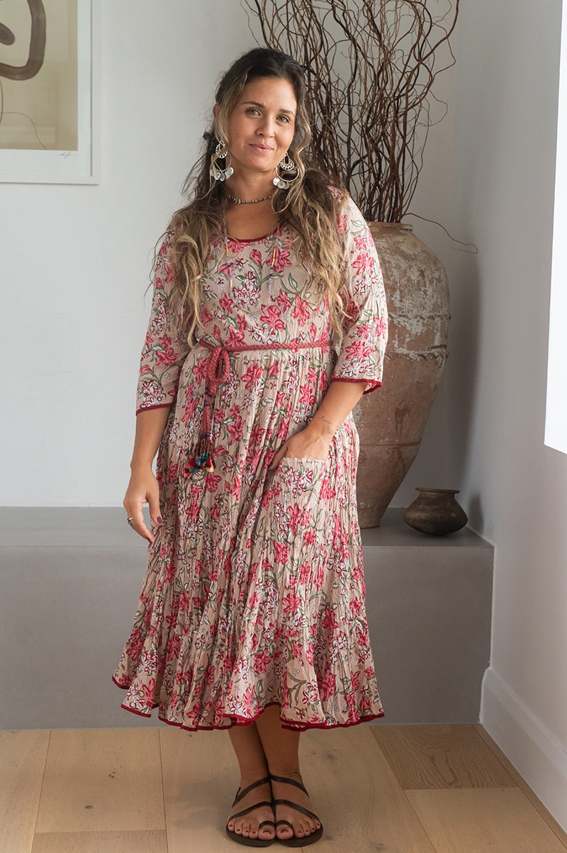 Womens, midi, Flamenco Dress, 100% Cotton, hand block print. Ivory Blush