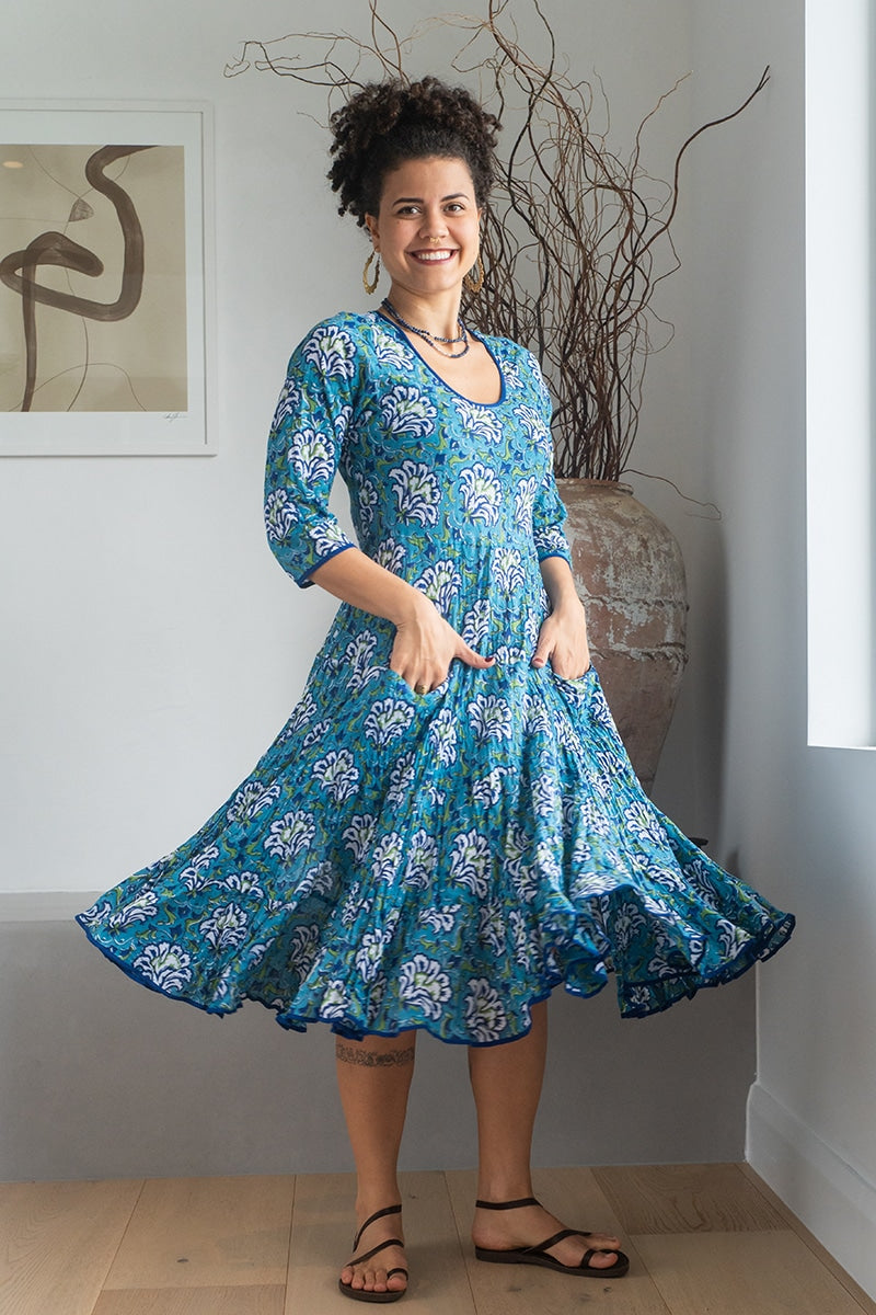 Womens, midi, Flamenco Dress, 100% Cotton, hand block print. Blue Lagoon
