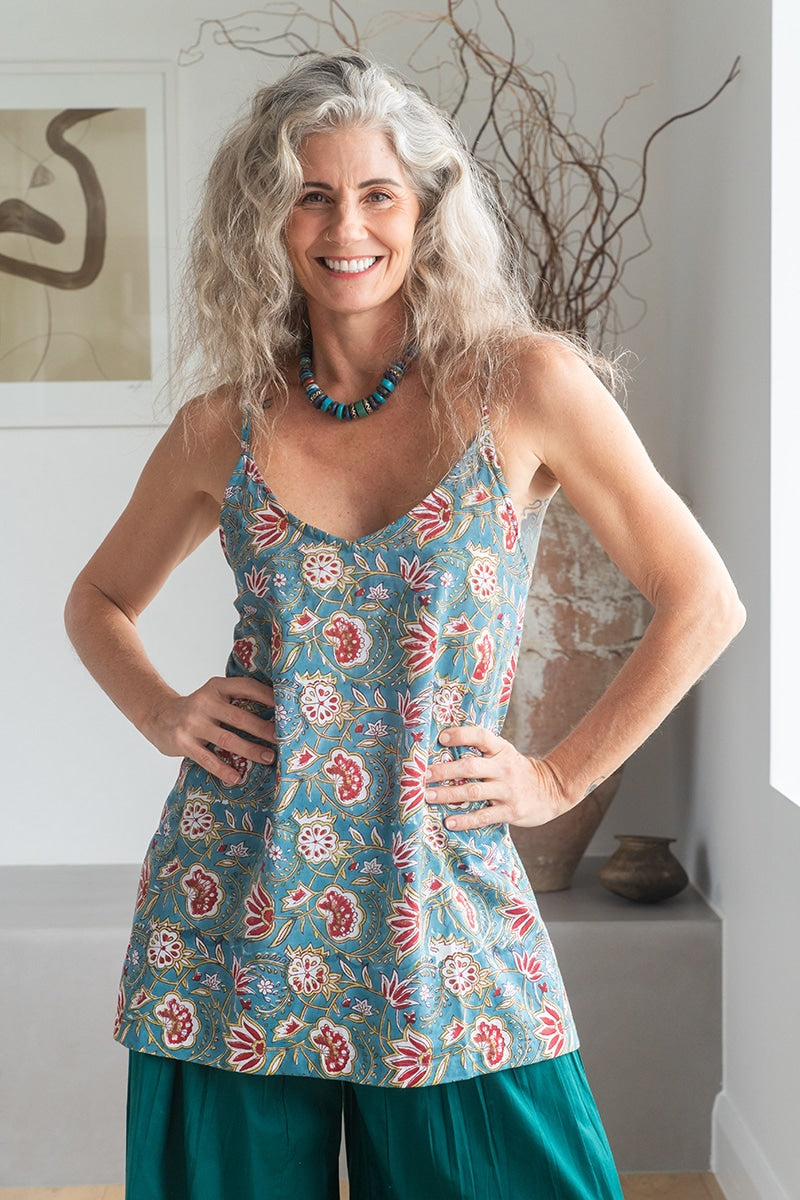 Womens, long Singlet Top, 100% cotton, hand block print, Celeste blue