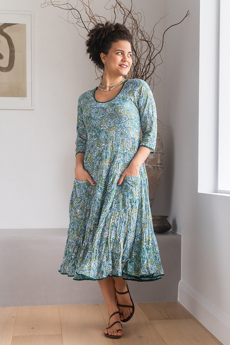 Womens, midi, Flamenco Dress, 100% Cotton, hand block print. Green Viridian