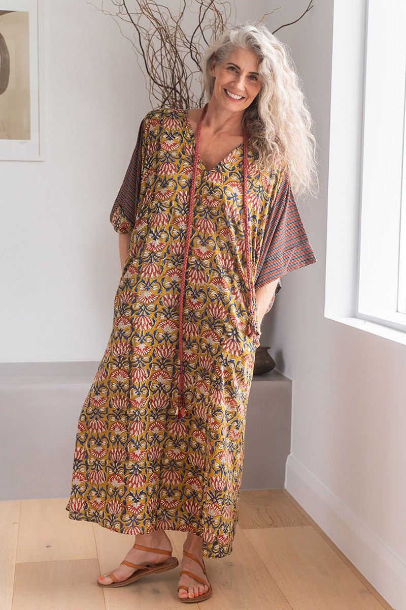 Womens, Satori Dress, Maxi, 100% Cotton, hand block print, in Karashi Floral