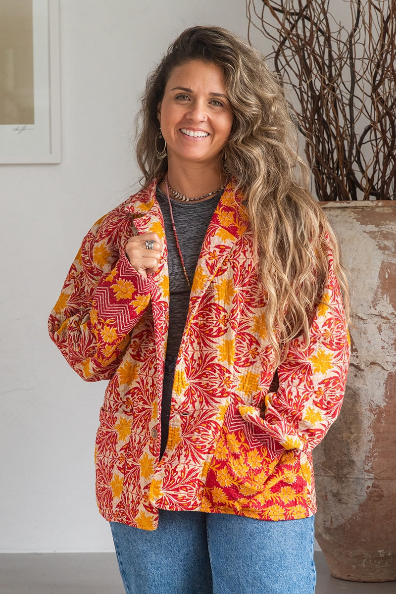 Womens Vintage Intrepid Kantha Jacket handmade from 100% cotton recycled fabrics in Sunset