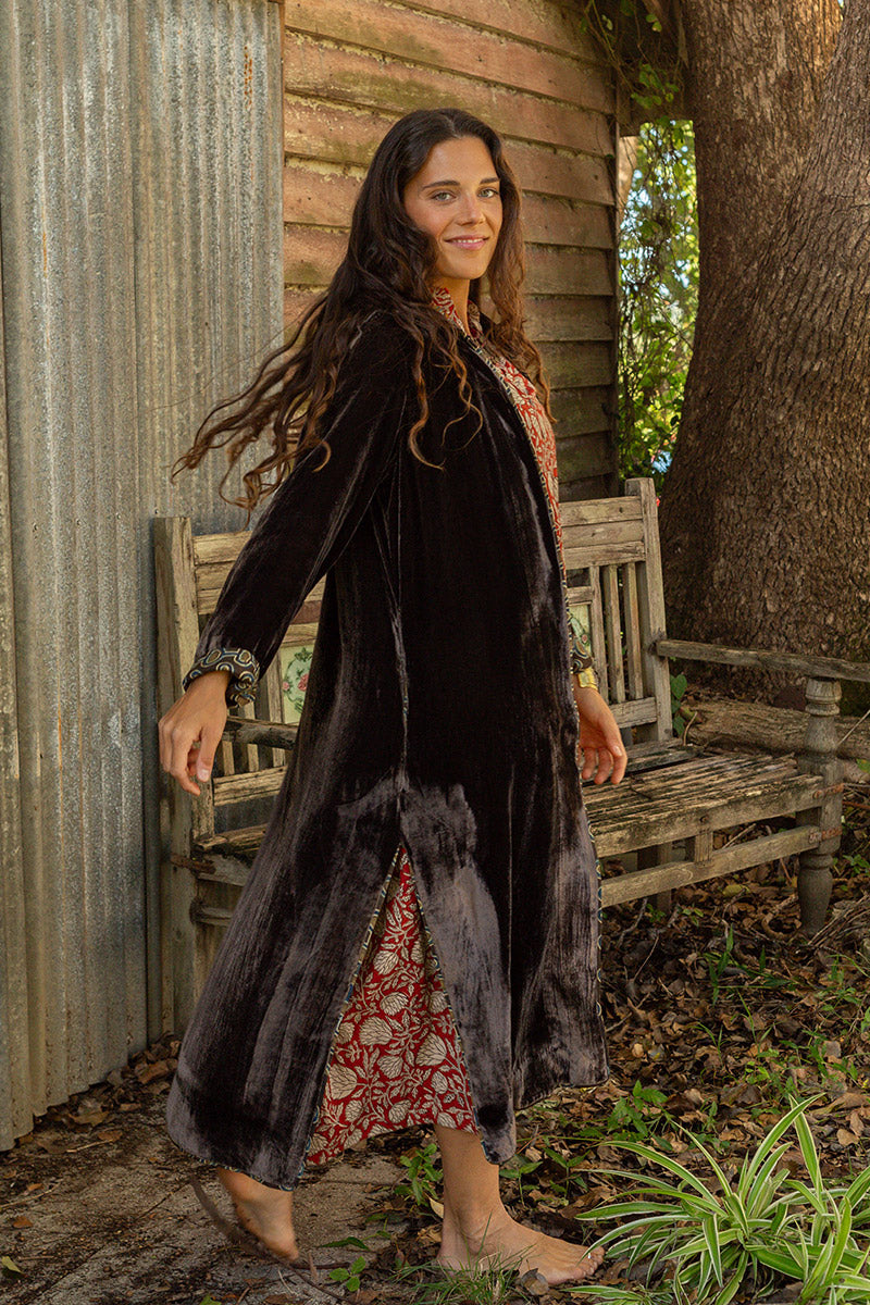 Odessa Silk/Velvet Coat - Truffle