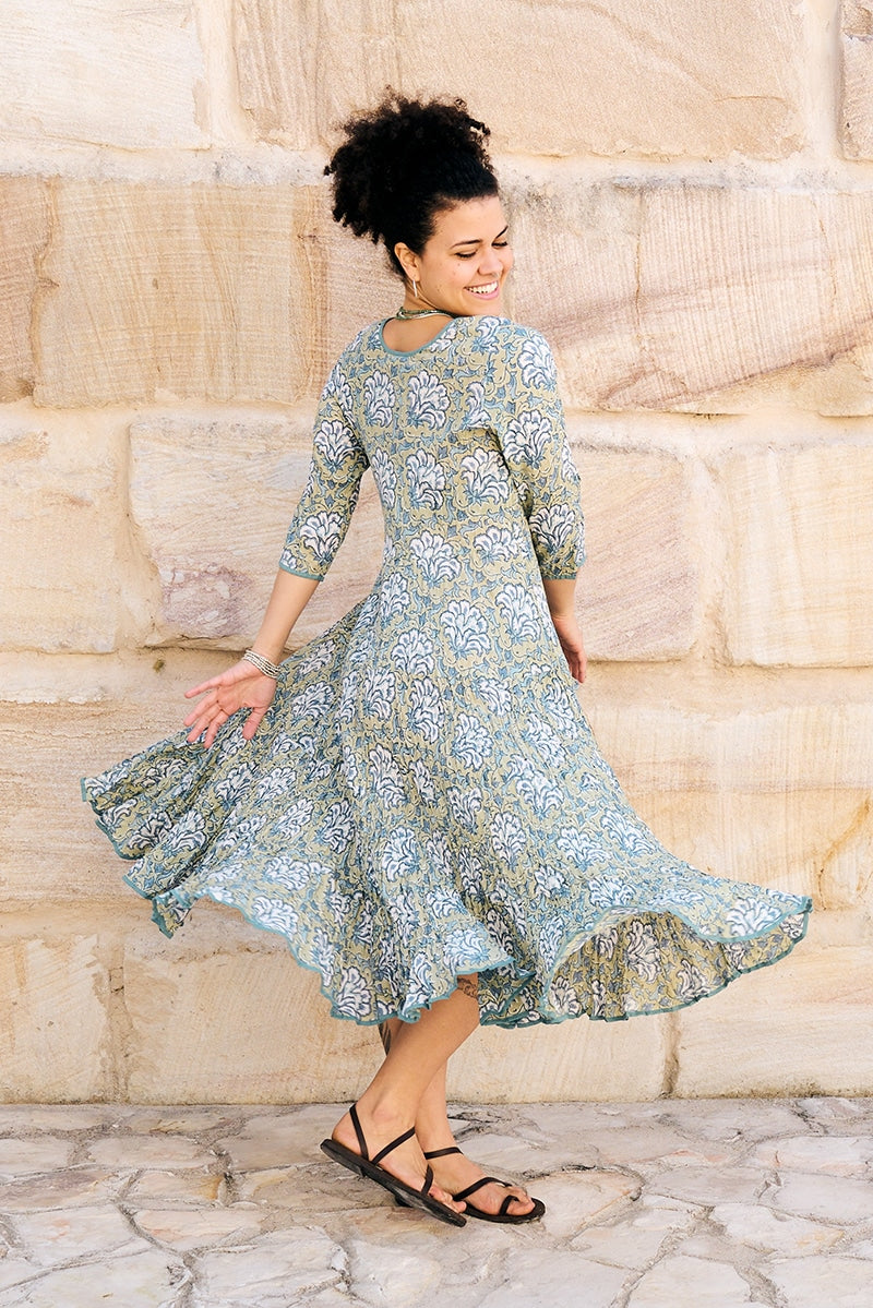 Womens, midi, Flamenco Dress, 100% Cotton, hand block print. in Sea Willow