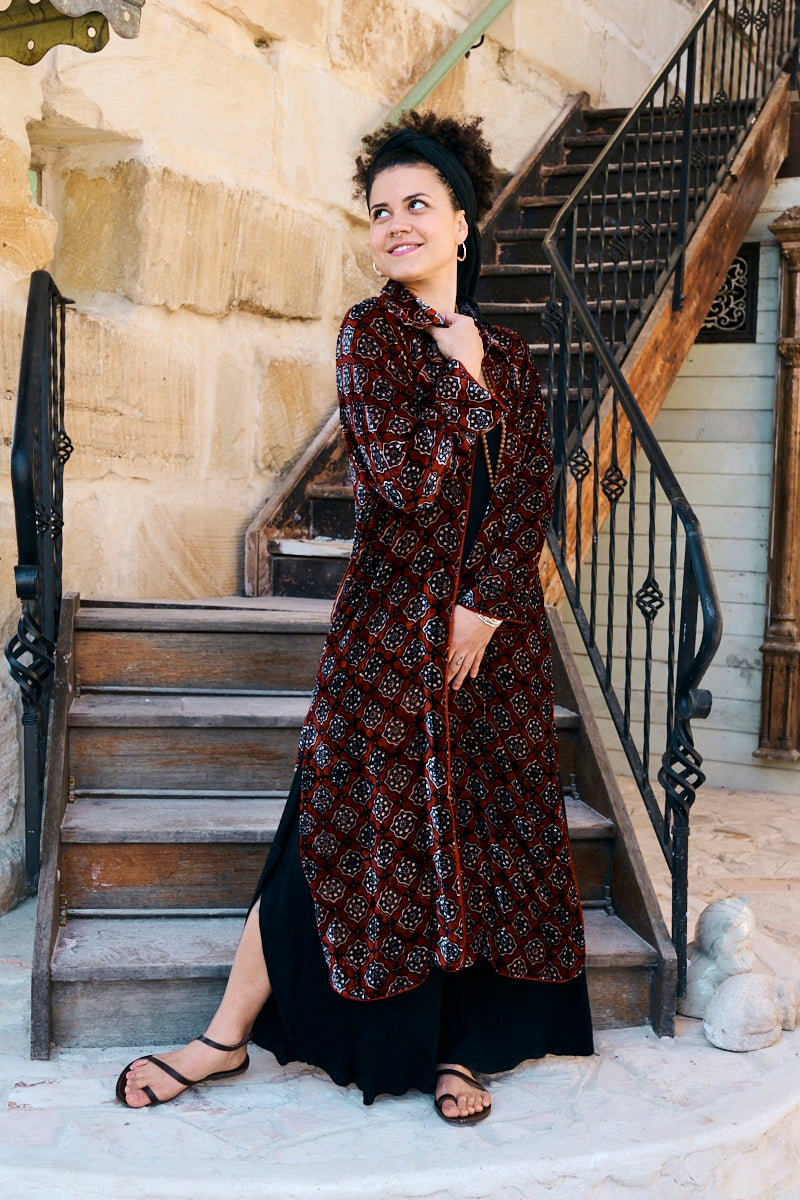 Womens, Odessa Silk Velvet Coat, hand block print, full body length with pockets, Tazia