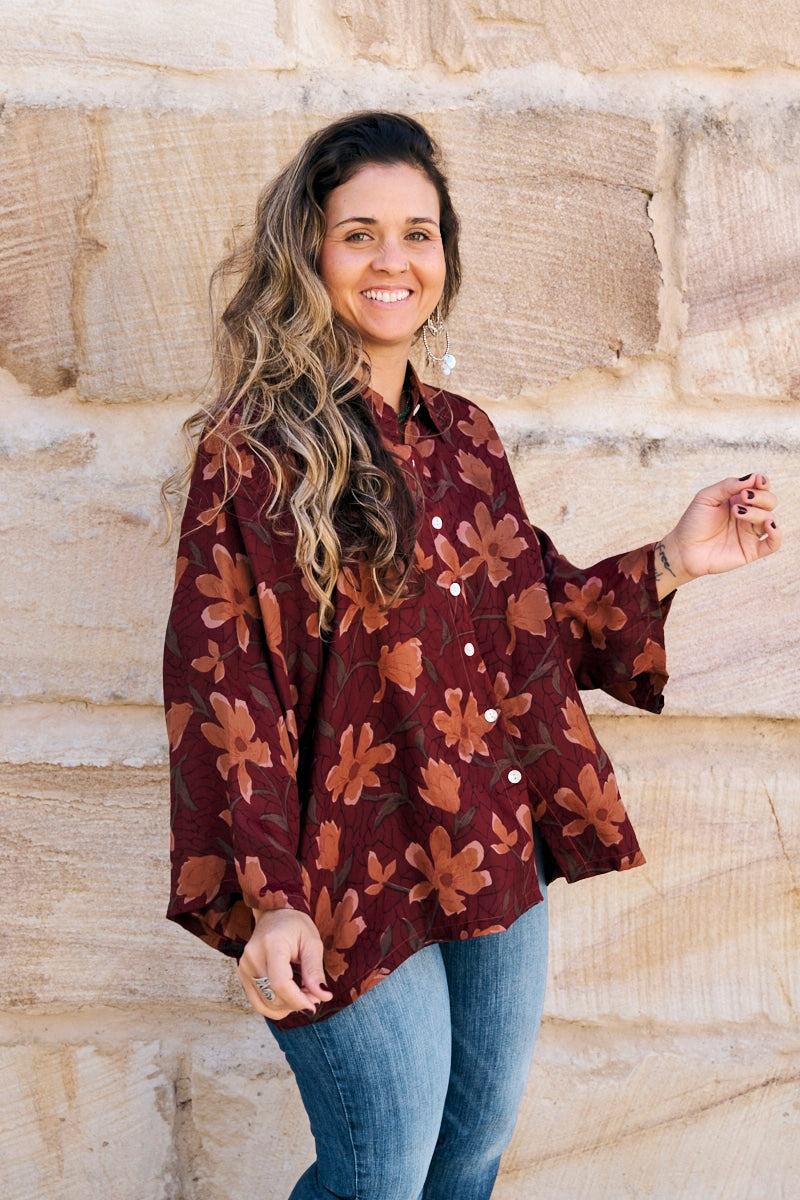 Womens, Vintage Sari Amira blouse - silk - rustic floral - Flores