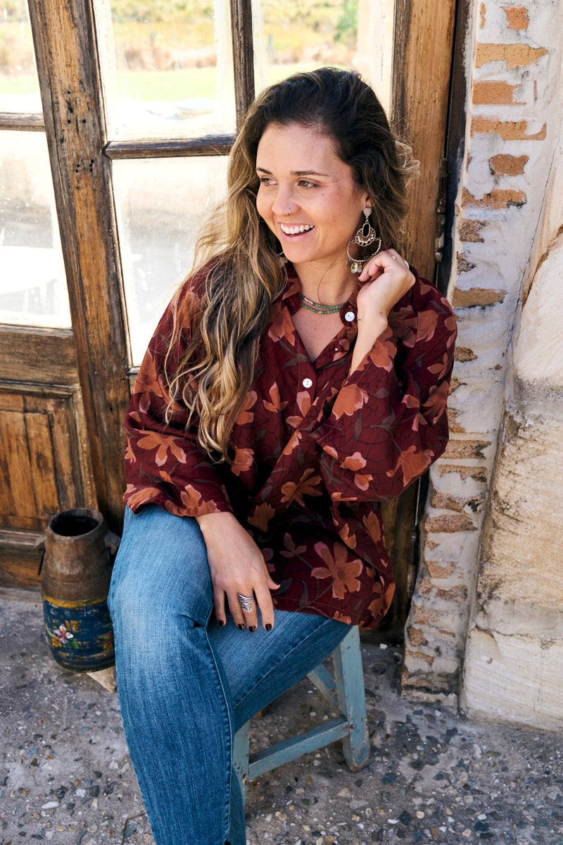 Womens, Vintage Sari Amira blouse - silk - rustic floral - Flores