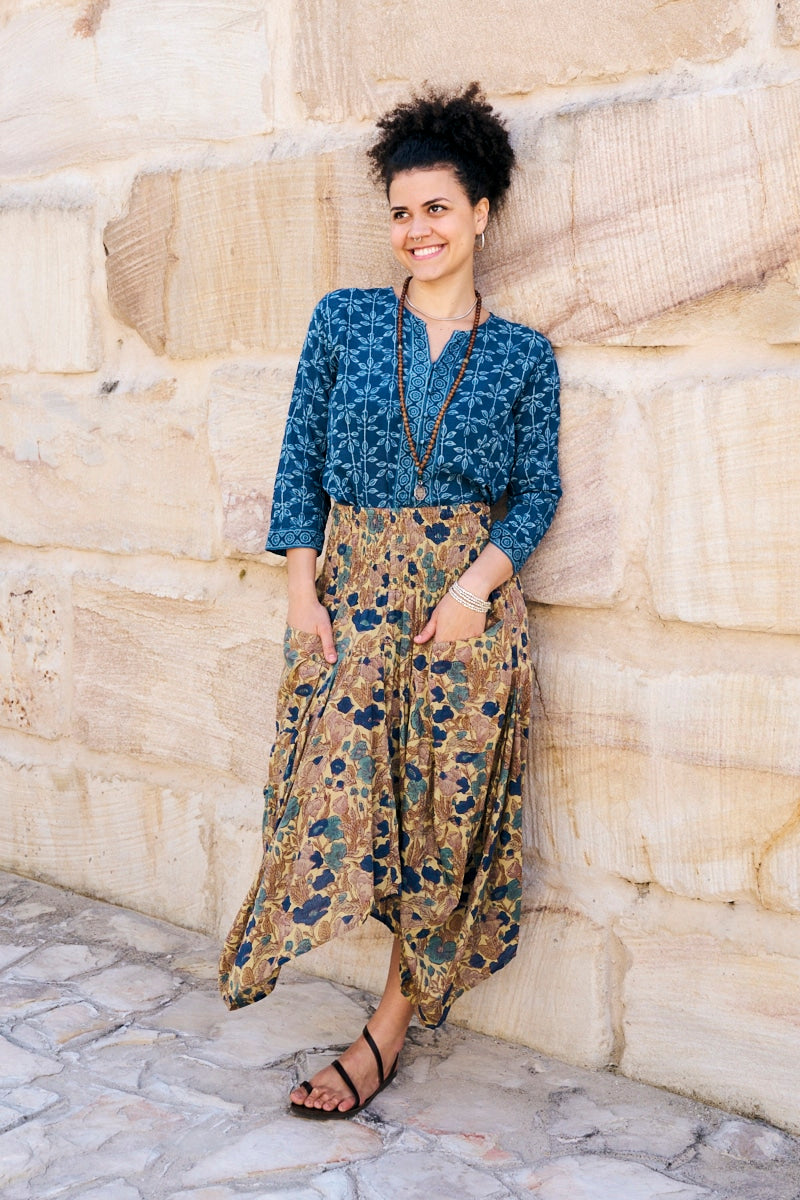 Womens, Coco Skirt In Autumn toned - Myridia and Mandalay blouse Indigo Rasa. 100% cotton, hand block print.