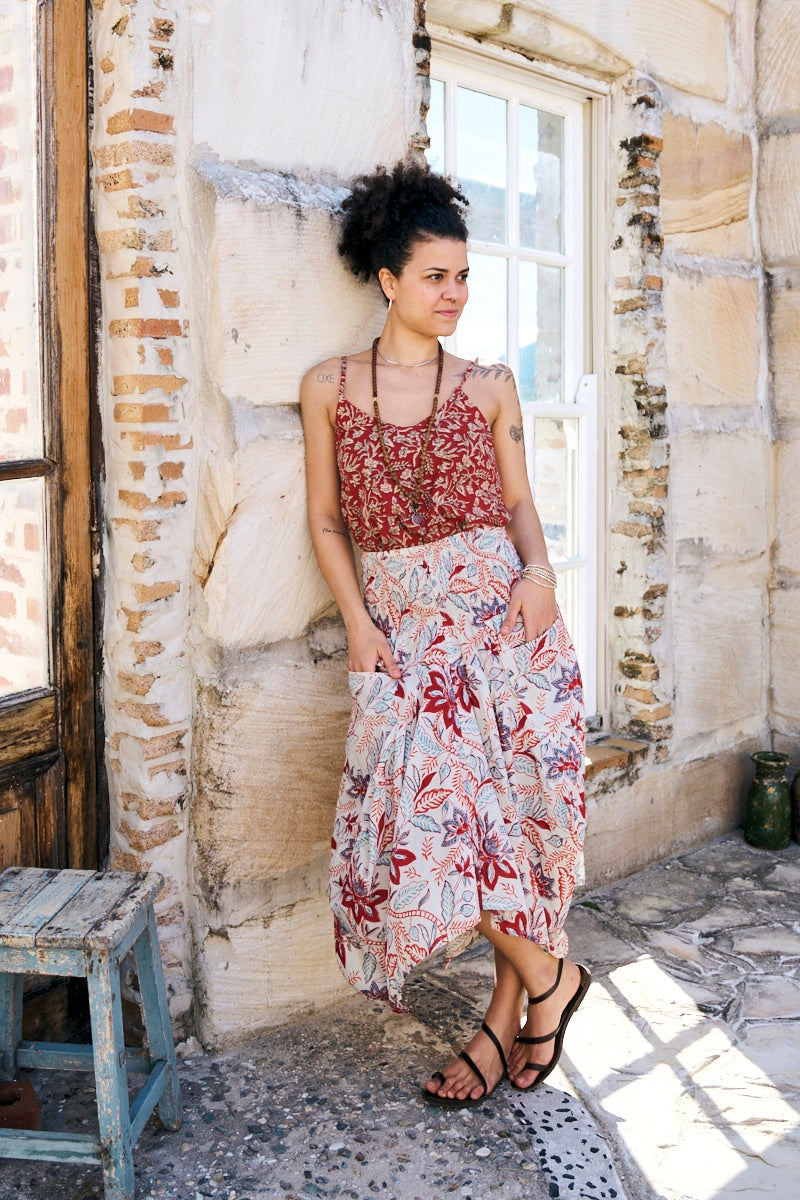 Womens, Coco Skirt In Roshan and Sita Tunic in Rustic Red. 100% cotton, hand block print.
