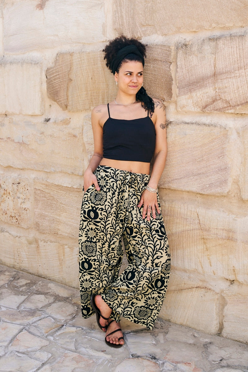 Womens, Florentis Culottes, 100% cotton, hand block prints, in black and sepia - Noctara