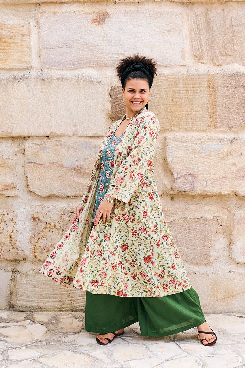 Womens, Tula Coat in Rumi, Avanna Pants in Juniper and Sita Tunic in Celeste. 100% cotton, hand block print.
