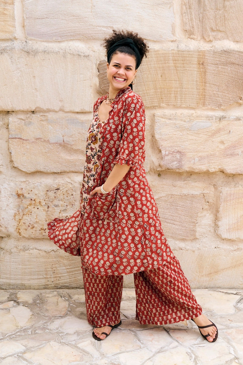 Womens, Shimla Coat in Kalika, Apanna Pants in Henna Floret and Sita Tunic in Autumn. 100% cotton, hand block print.