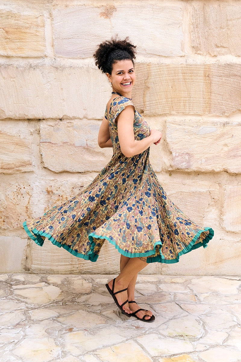 Womens Jalabi dress, 100% cotton, hand block print. In Myridia print