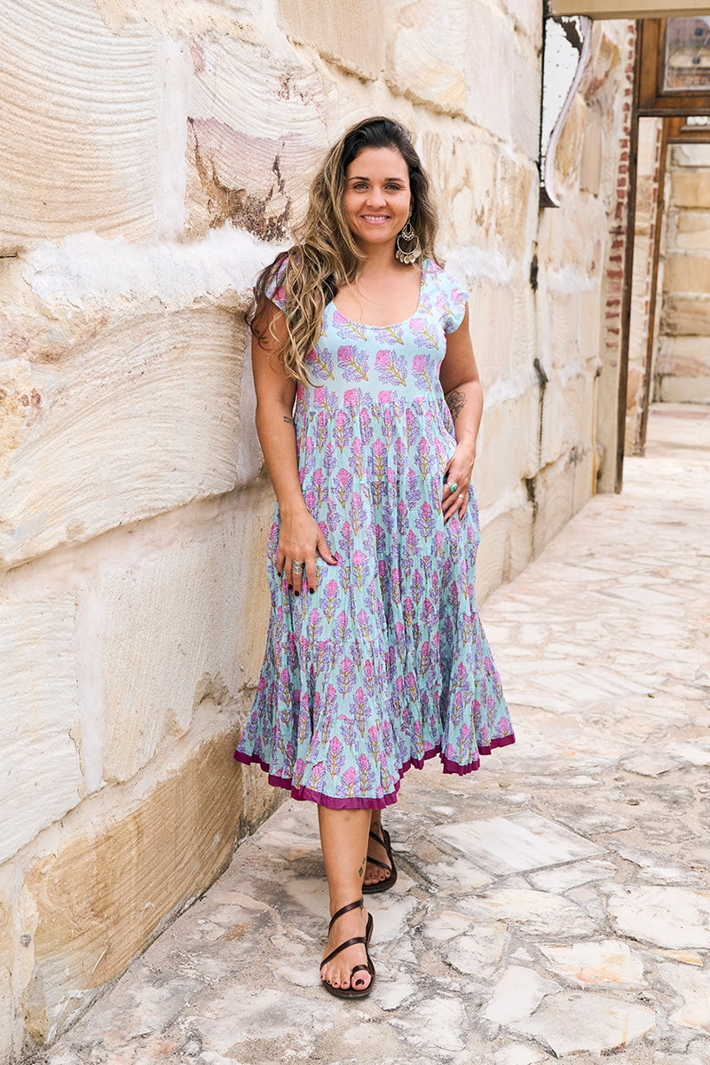 Womens Jalabi dress, 100% cotton, hand block print. In Mist Flower print
