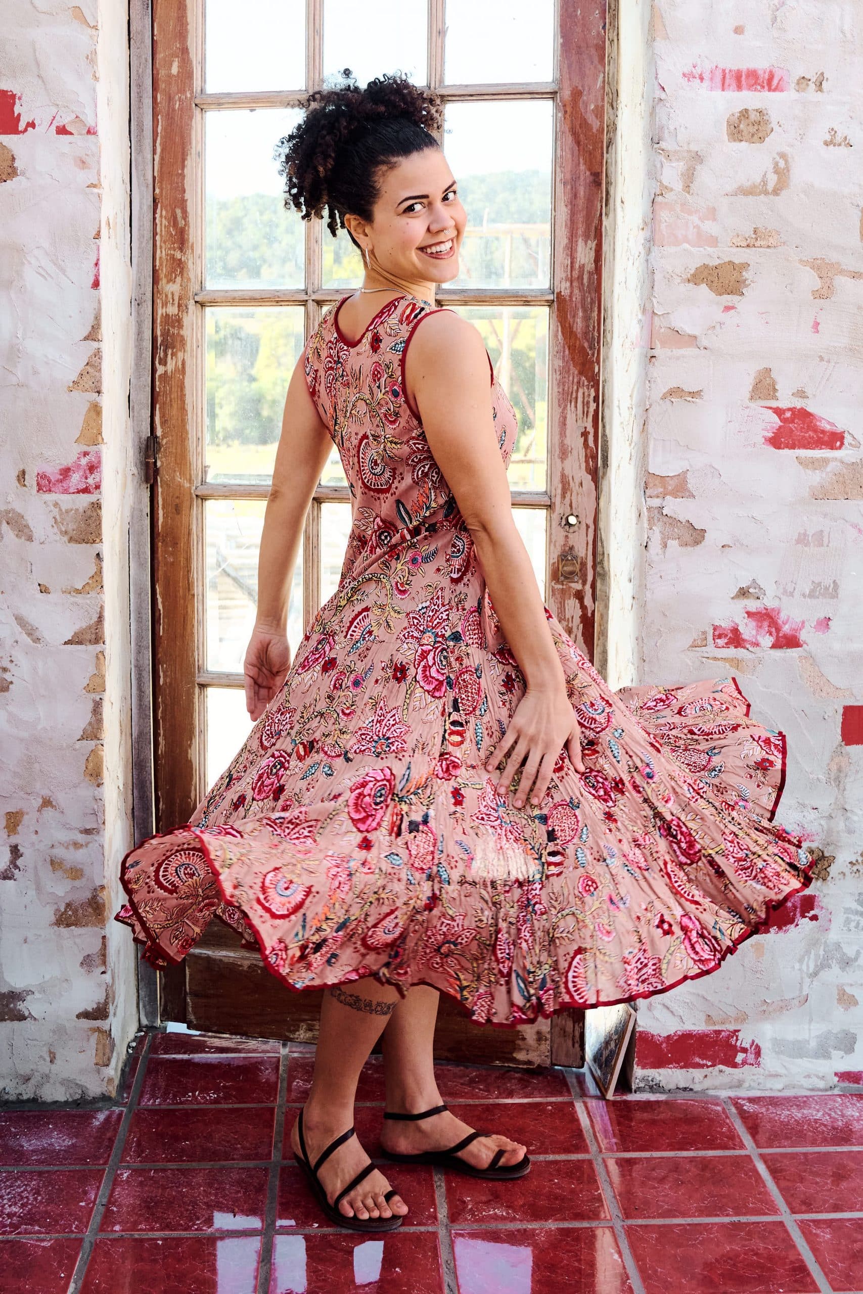 Womens, midi, Flamenco Dress, sleeveless, 100% Cotton, hand block print. Summer Floral - Rosani