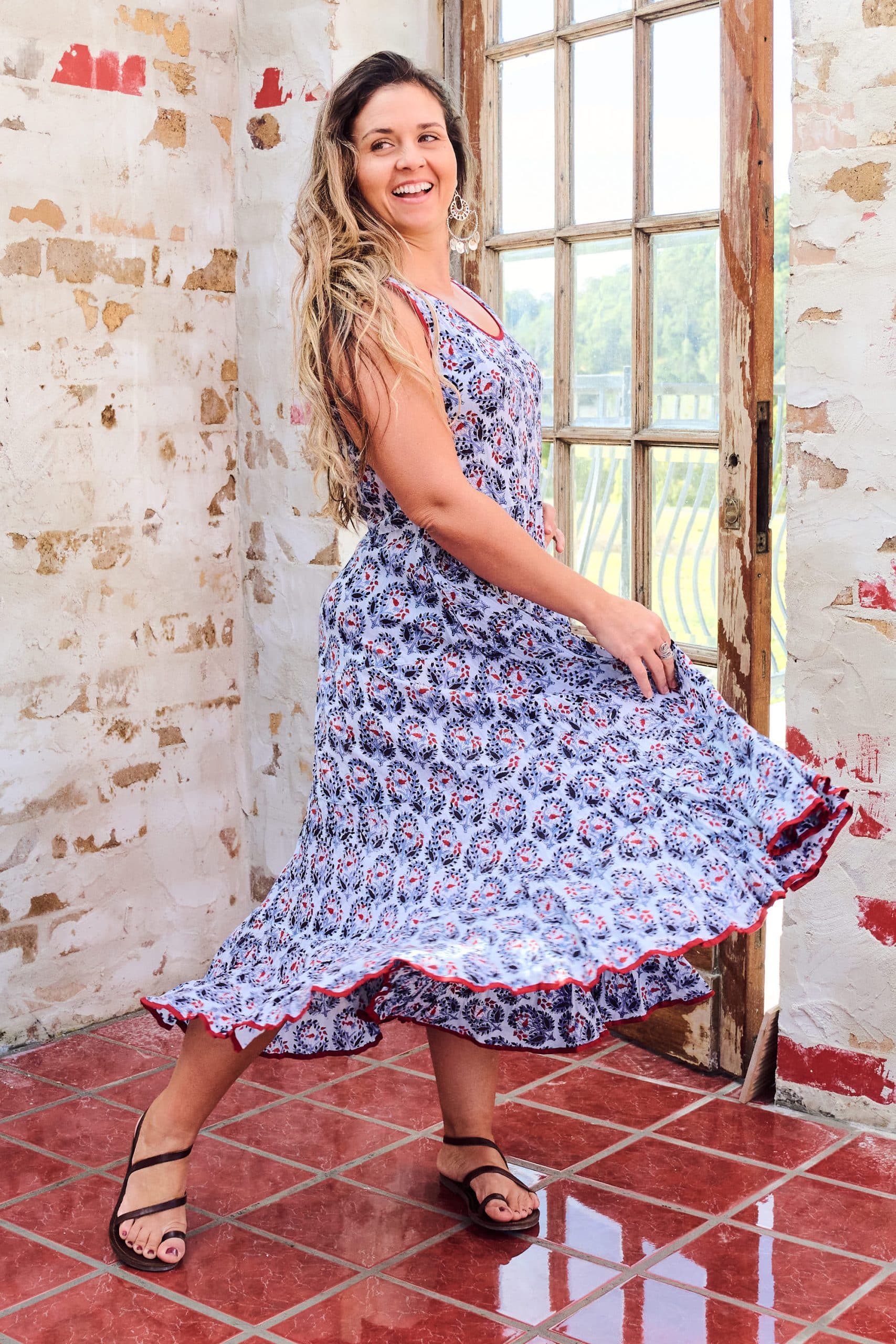 Womens, midi, Flamenco Dress, sleeveless, 100% Cotton, hand block print. Saphire blue - Saphira