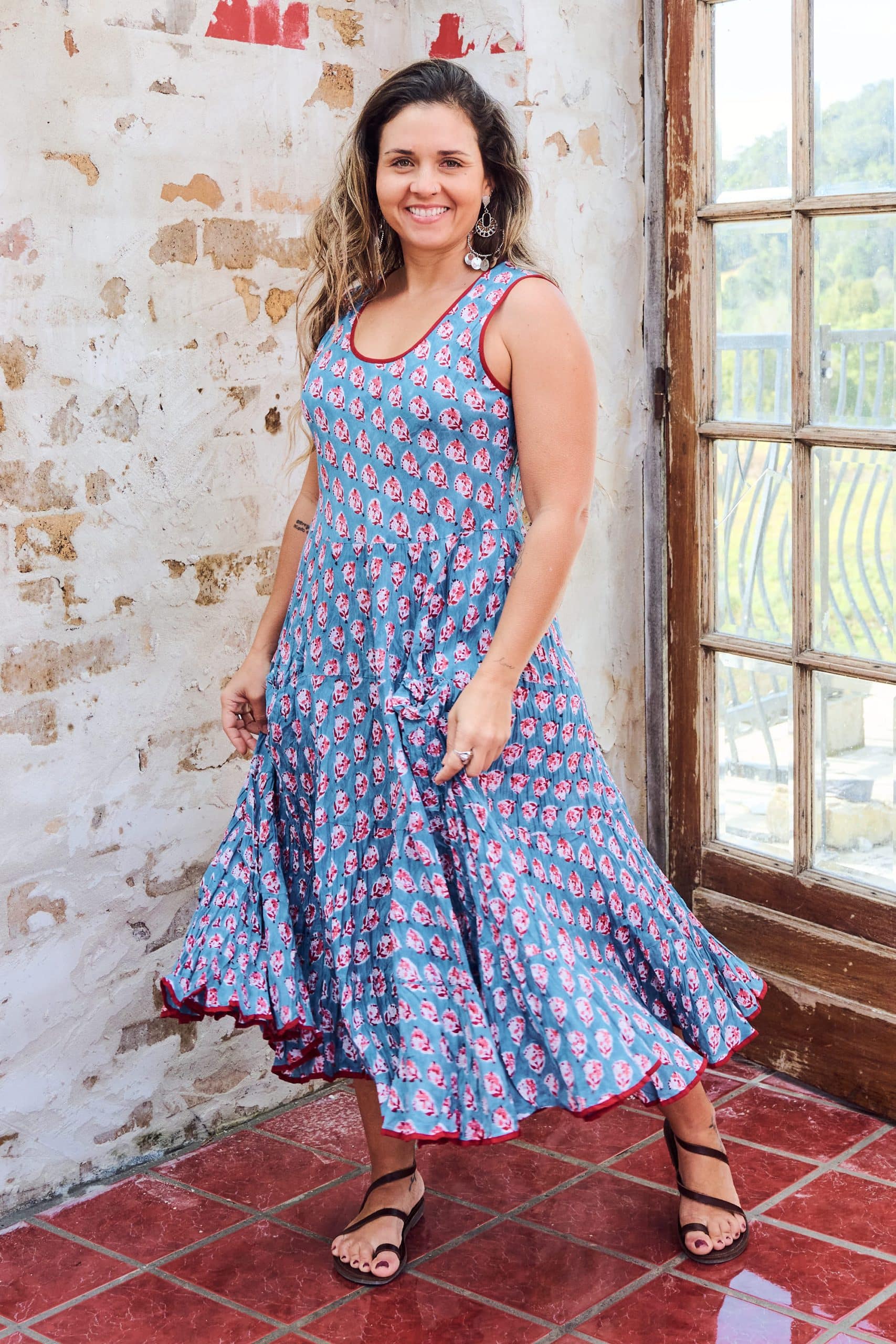 Womens, midi, Flamenco Dress, sleeveless, 100% Cotton, hand block print. Blue with Pink & Red - Blue Gem