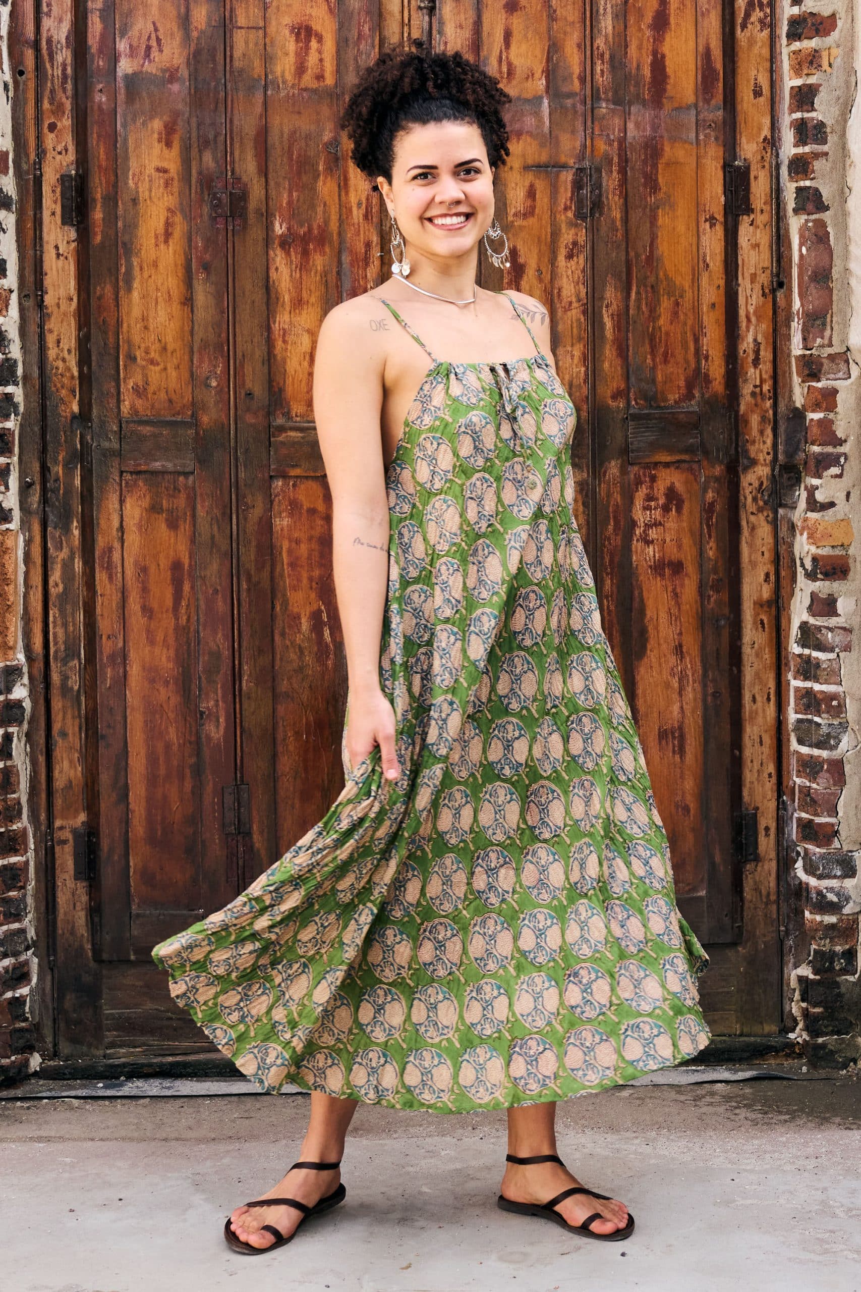Womens, midi, maxi, Aveline Dress, spaghetti straps, spiral swing, 100% Cotton, hand block print. Green tones - Edentree