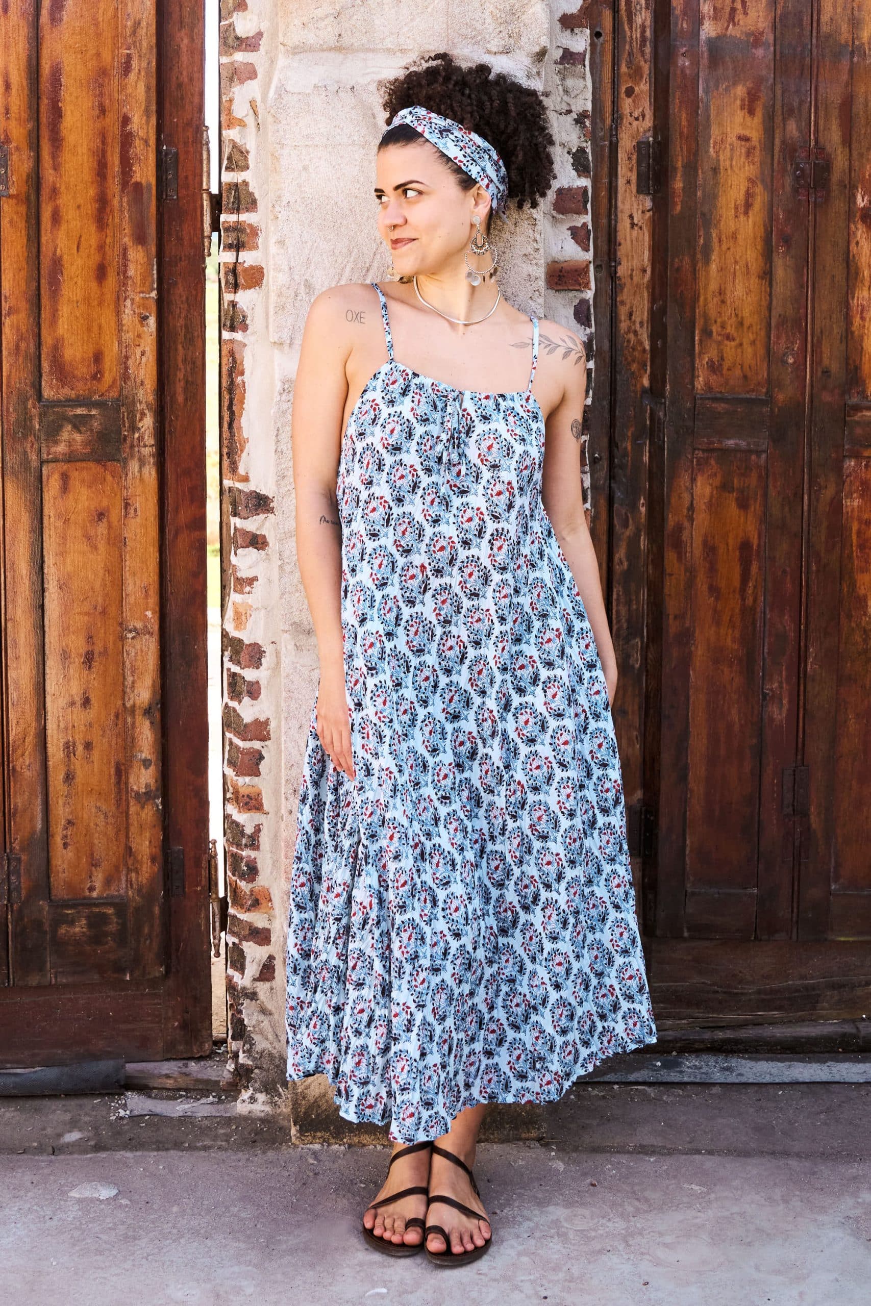 Womens, midi, maxi, Aveline Dress, spaghetti straps, spiral swing, 100% Cotton, hand block print. Saphire Blue - Saphira