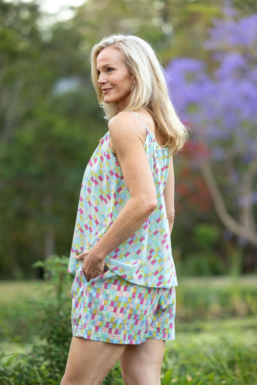 Womens,Luma Set, Shorts and Top. 100% cotton, hand block print. In cool soft Sorbetto print.