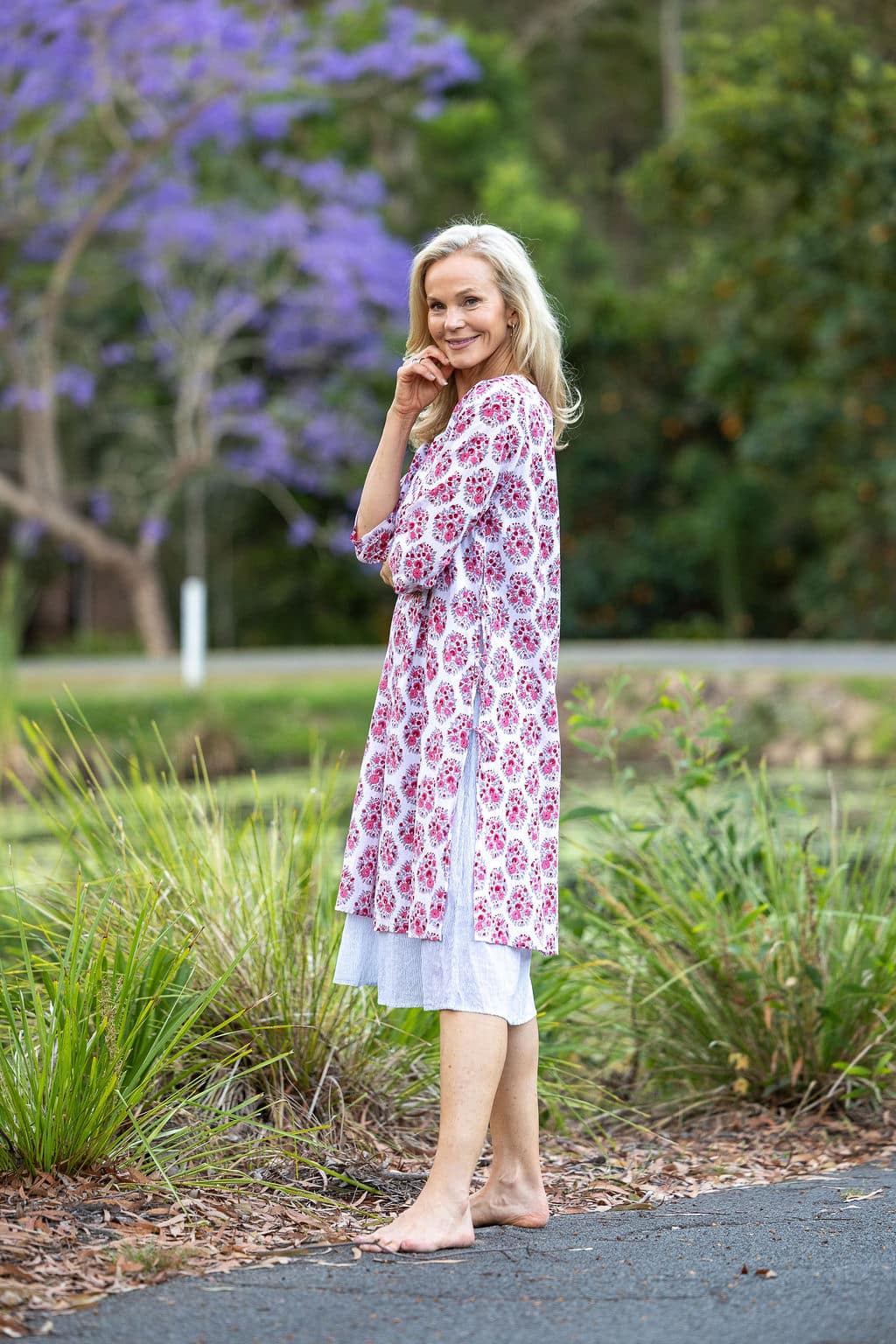 Womens, midi, Alakiki dress, sleeves, 100% Cotton, hand block print. In pink floral Parisa print.