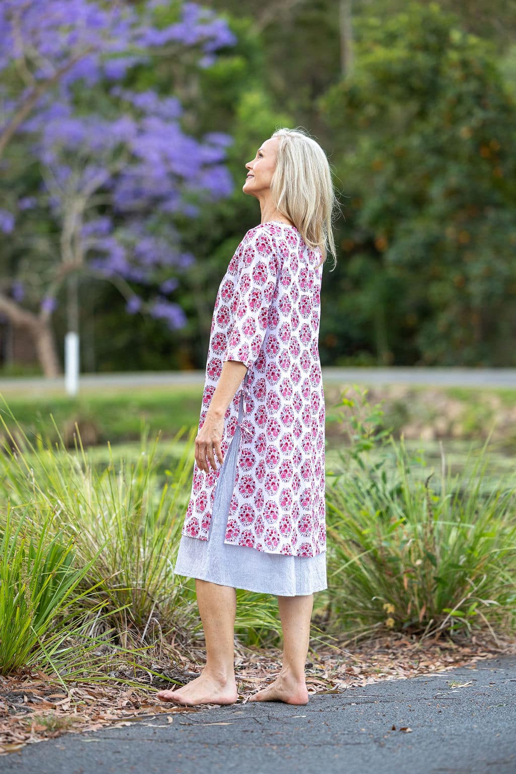 Womens, midi, Alakiki dress, sleeves, 100% Cotton, hand block print. In pink floral Parisa print.