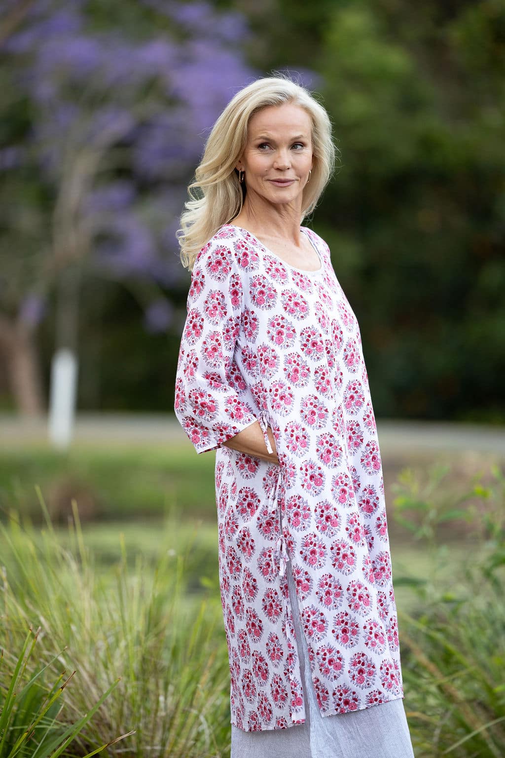 Womens, midi, Alakiki dress, sleeves, 100% Cotton, hand block print. In pink floral Parisa print.