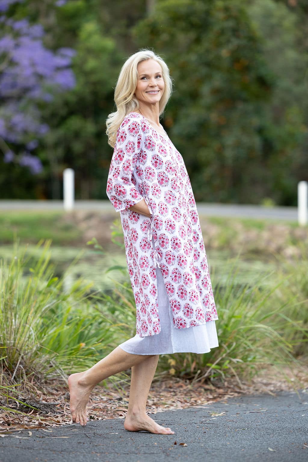 Womens, midi, Alakiki dress, sleeves, 100% Cotton, hand block print. In pink floral Parisa print.