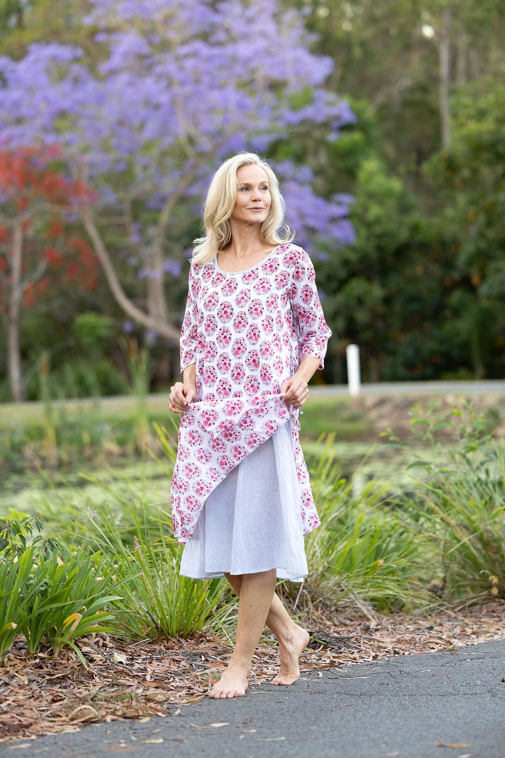 Womens, midi, Alakiki dress, sleeves, 100% Cotton, hand block print. In pink floral Parisa print.