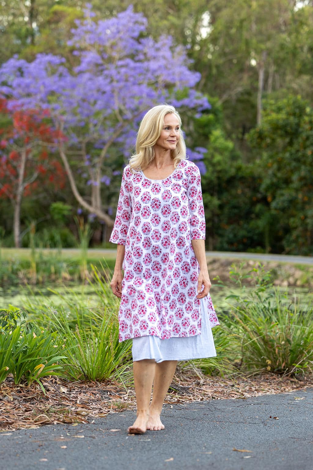 Womens, midi, Alakiki dress, sleeves, 100% Cotton, hand block print. In pink floral Parisa print.