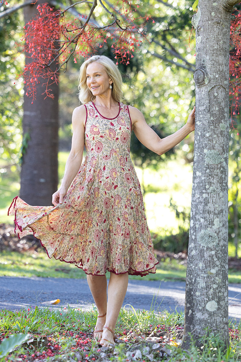Womens, midi, Flamenco Dress, sleeveless, 100% Cotton, hand block print. Sepia floral - Radha.