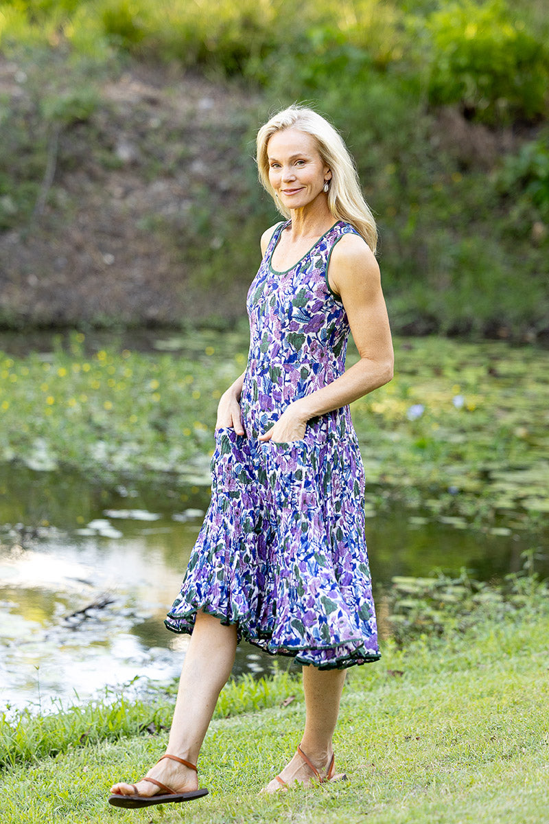 Womens, midi, Flamenco Dress, sleeveless, 100% Cotton, hand block print. Tones of violet & purple - Violetta.