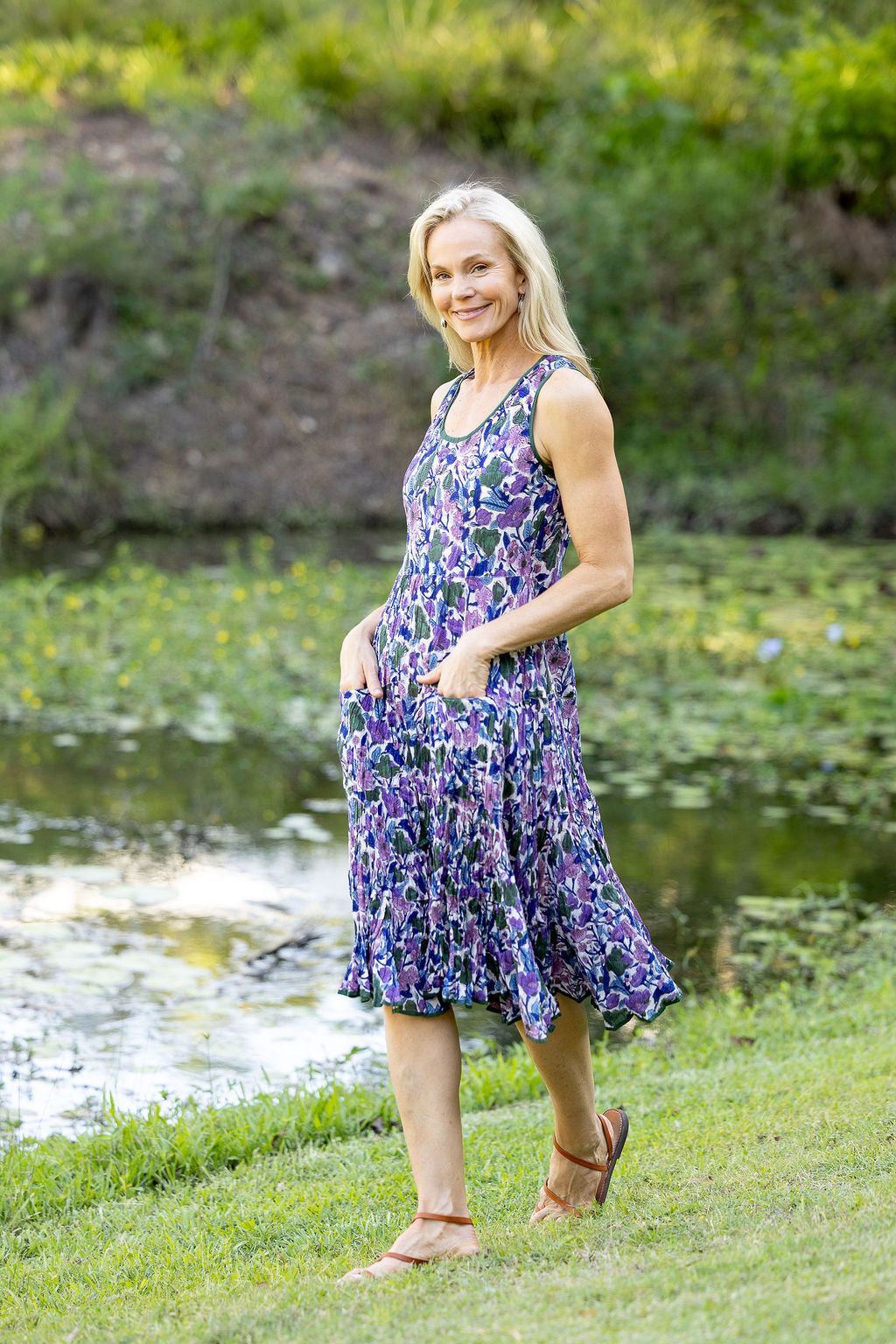 Womens, midi, Flamenco Dress, sleeveless, 100% Cotton, hand block print. Tones of violet & purple - Violetta.