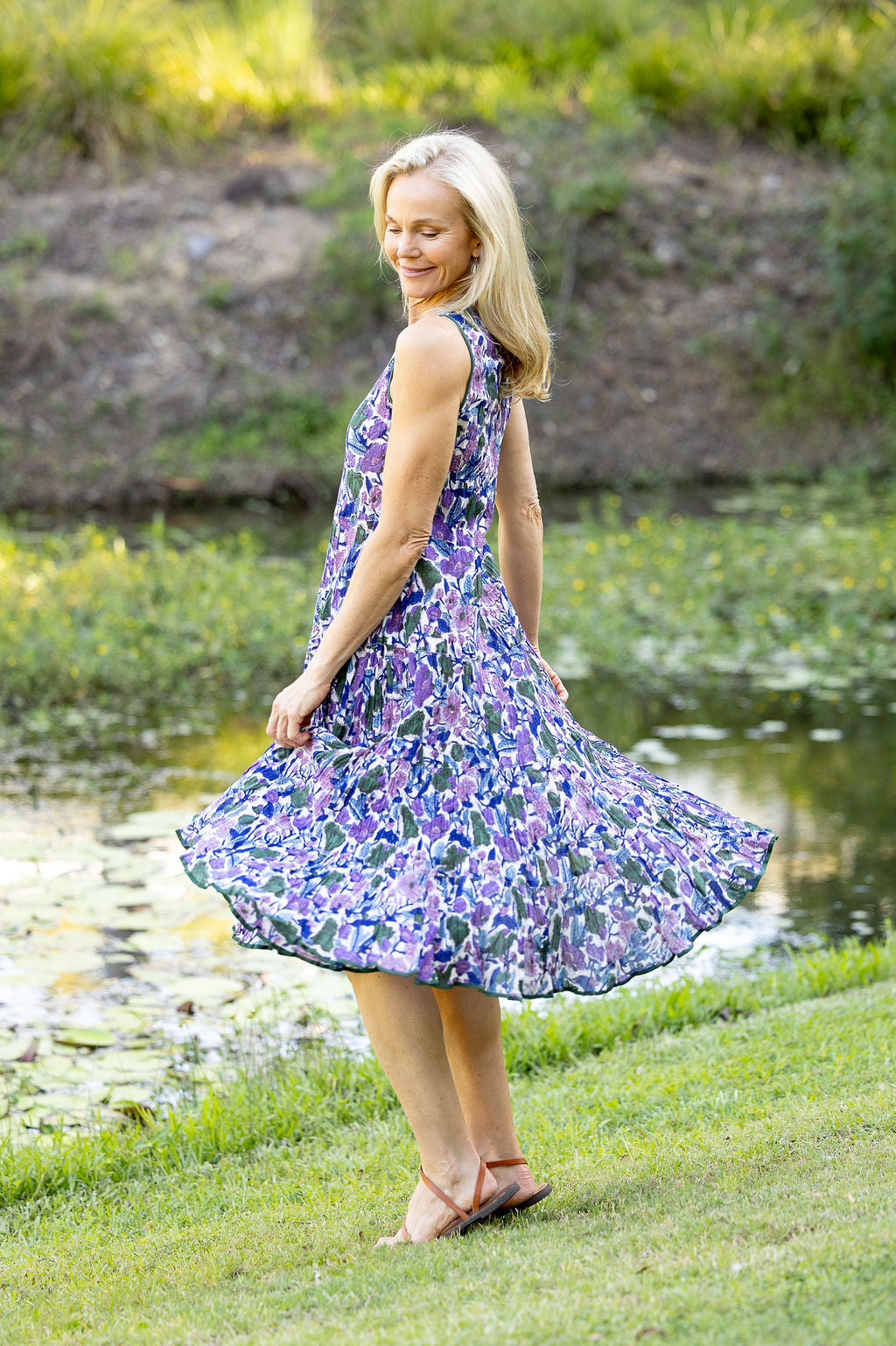 Womens, midi, Flamenco Dress, sleeveless, 100% Cotton, hand block print. Tones of violet & purple - Violetta.