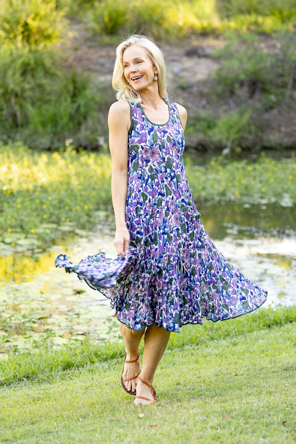 Womens, midi, Flamenco Dress, sleeveless, 100% Cotton, hand block print. Tones of violet & purple - Violetta.