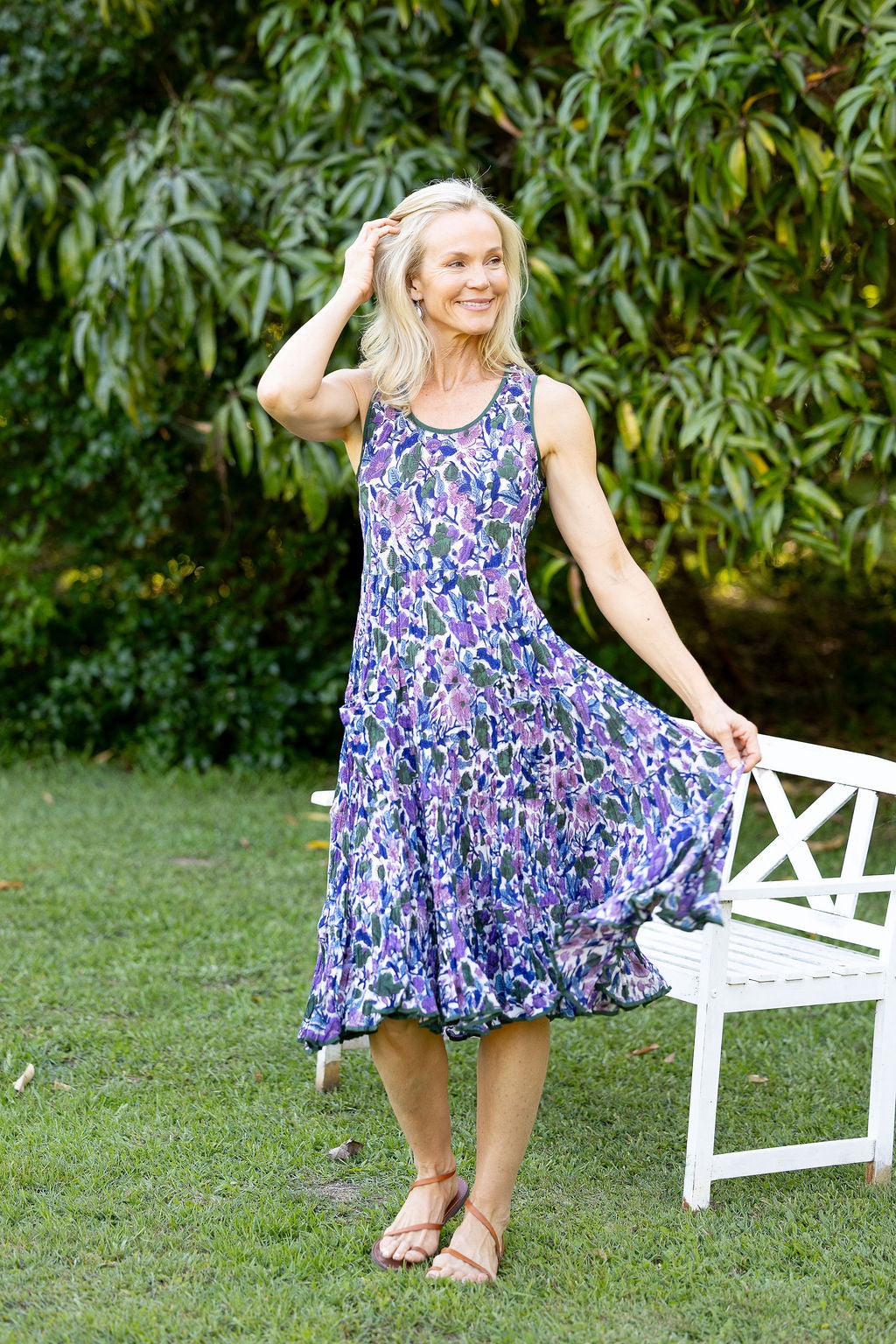 Womens, midi, Flamenco Dress, sleeveless, 100% Cotton, hand block print. Tones of violet & purple - Violetta.
