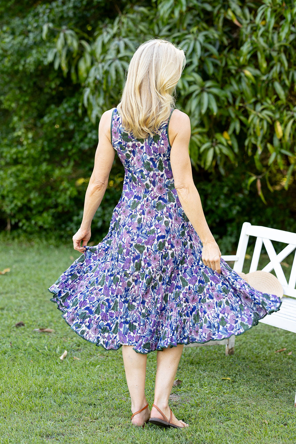 Womens, midi, Flamenco Dress, sleeveless, 100% Cotton, hand block print. Tones of violet & purple - Violetta.