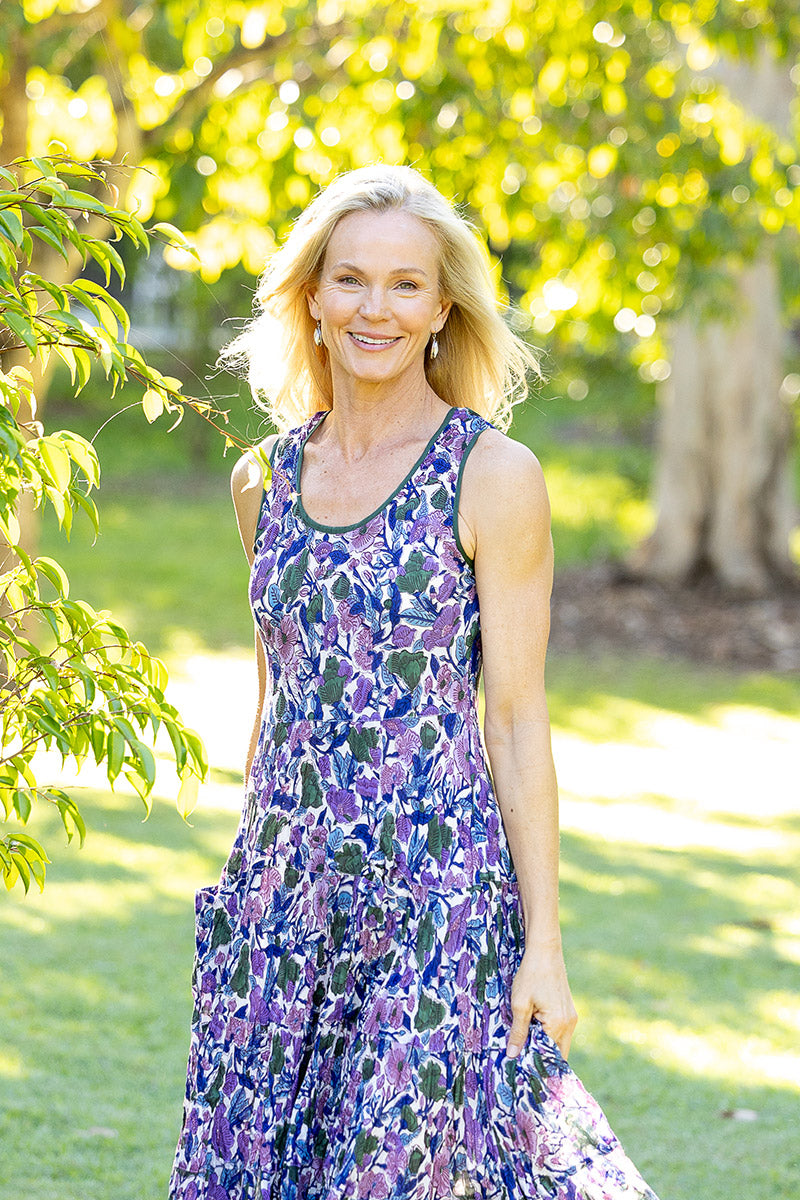 Womens, midi, Flamenco Dress, sleeveless, 100% Cotton, hand block print. Tones of violet & purple - Violetta.