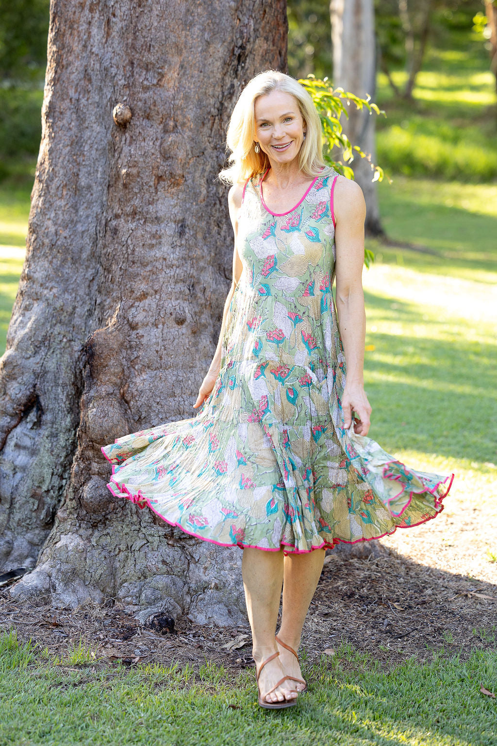 Womens, midi, Flamenco Dress, sleeveless, 100% Cotton, hand block print. Leafy Green & Pink - Raya