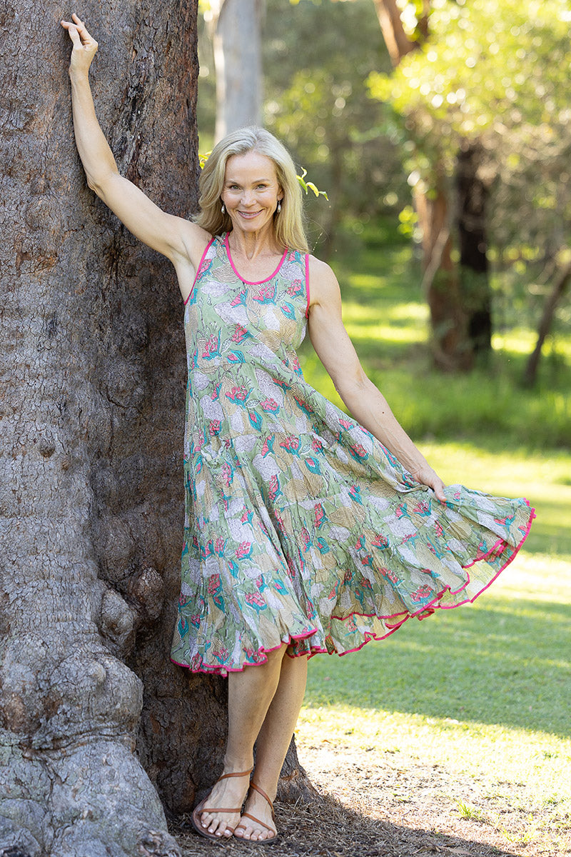 Womens, midi, Flamenco Dress, sleeveless, 100% Cotton, hand block print. Leafy Green & Pink - Raya