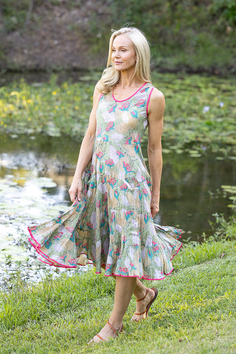 Womens, midi, Flamenco Dress, sleeveless, 100% Cotton, hand block print. Leafy Green & Pink - Raya