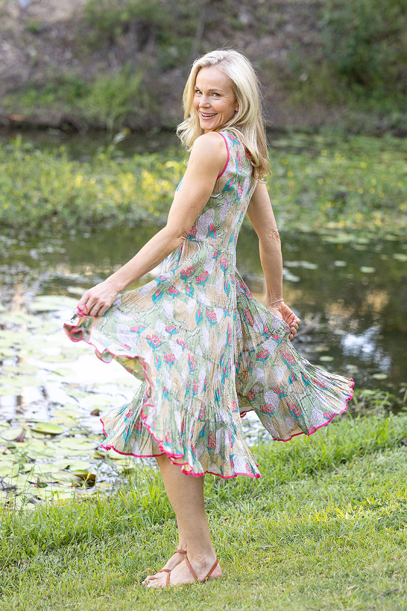 Womens, midi, Flamenco Dress, sleeveless, 100% Cotton, hand block print. Leafy Green & Pink - Raya