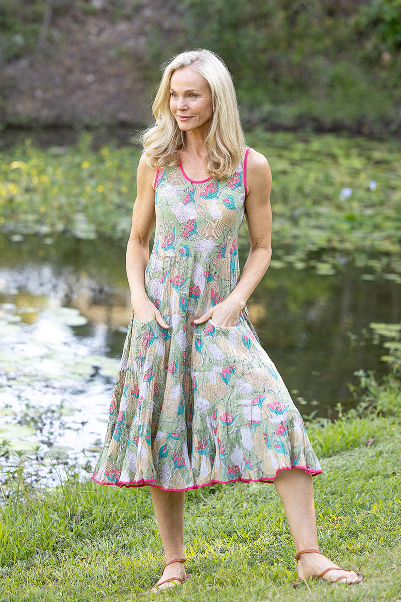 Womens, midi, Flamenco Dress, sleeveless, 100% Cotton, hand block print. Leafy Green & Pink - Raya