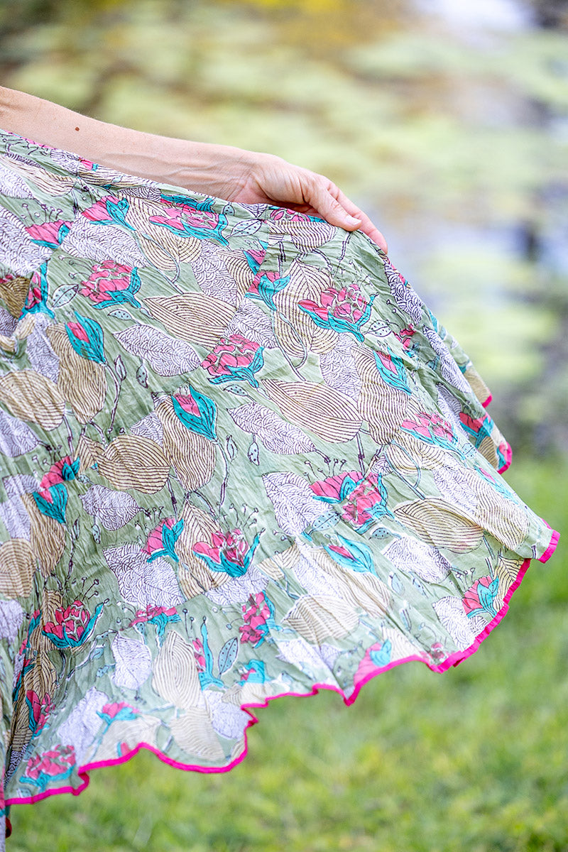 Womens, midi, Flamenco Dress, sleeveless, 100% Cotton, hand block print. Leafy Green & Pink - Raya