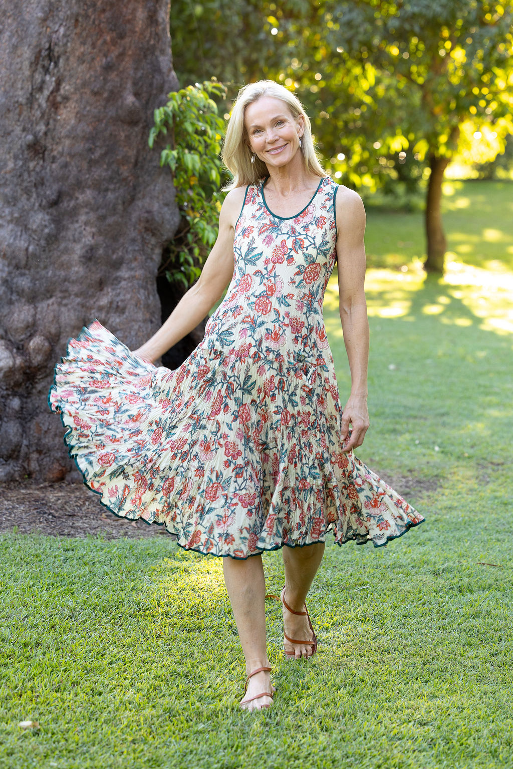 Womens, midi, Flamenco Dress, sleeveless, 100% Cotton, hand block print. Vintage Saffron & Green - Savona