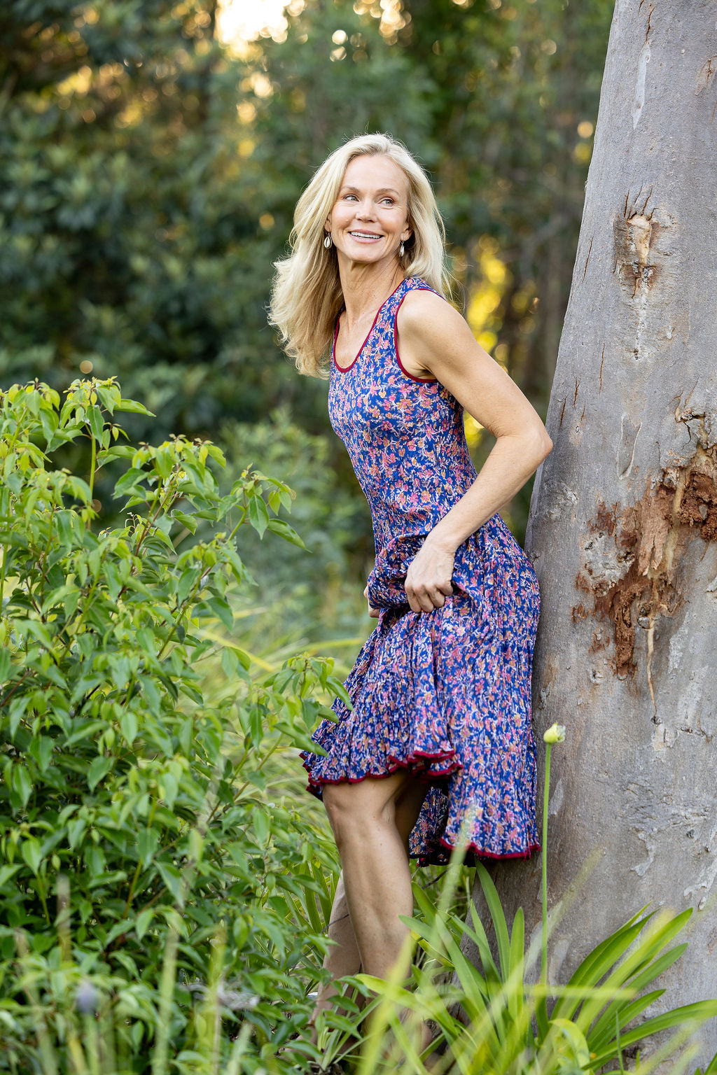 Womens, midi, Flamenco Dress, sleeveless, 100% Cotton, hand block print. Fine florals on Royal Blue - Demi
