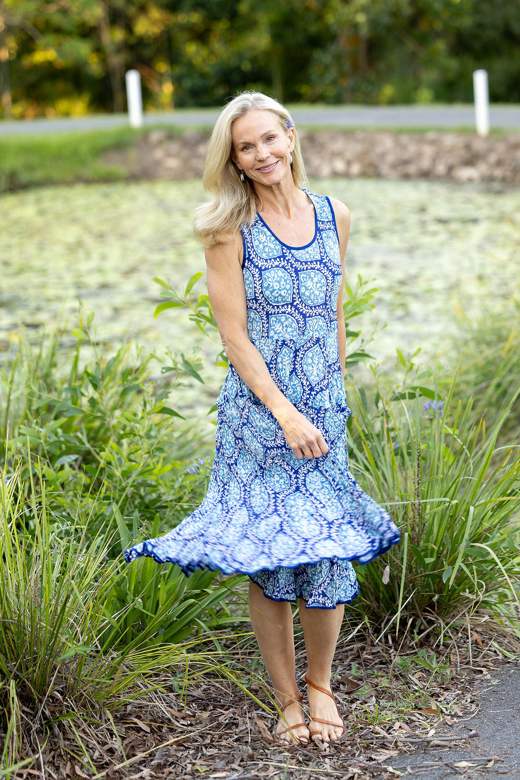 Womens, midi, Flamenco Dress, sleeveless, 100% Cotton, hand block print. Tones of blue, Topaz.