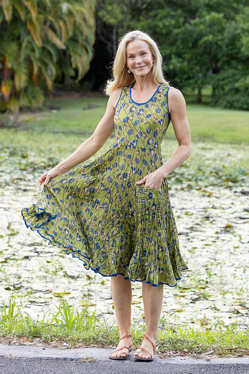 Womens, midi, Flamenco Dress, sleeveless, 100% Cotton, hand block print. Sepia & Green, Verde Sol.